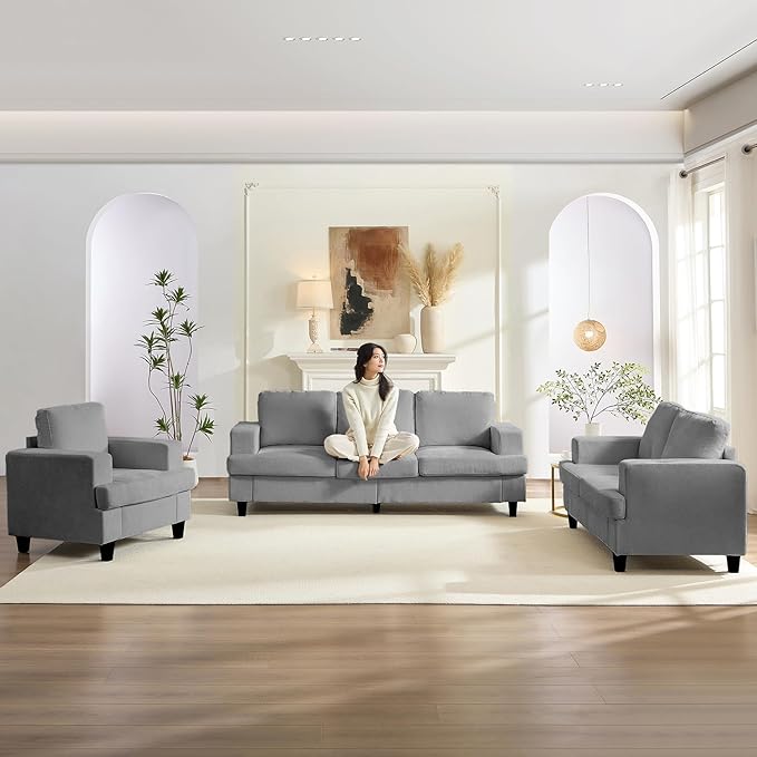 PUREMIND 3 Piece Living Room Sofa Set Chenille Upholstery 3 Seater Couch and Loveseat and Armchair Set Solid Wood Frame Modern Sectional Couches for Living Room Office Apartment