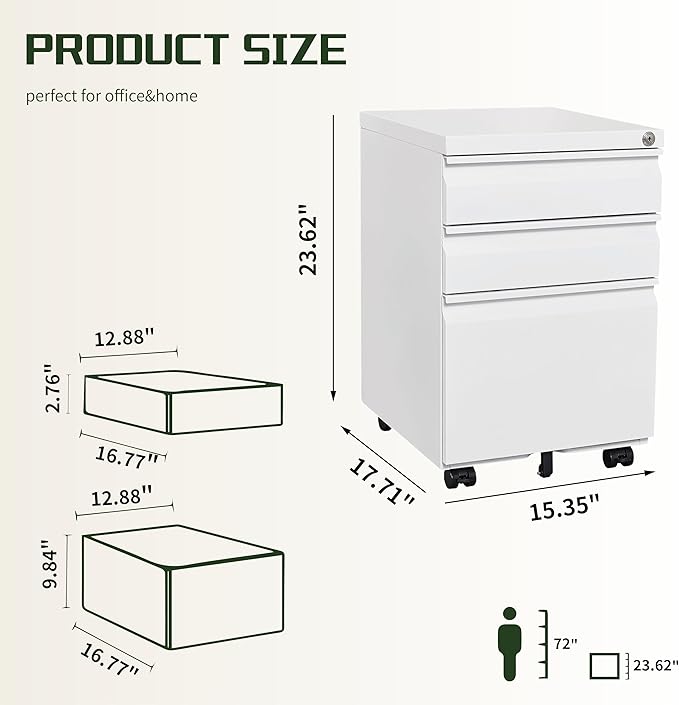 3 Drawer File Cabinet with LockRolling Mobile File Cabinet with Wheels for Home OfficeUnder Desk Metal Filing CabinetOffice Storage OrganizerFully AssembledWhite
