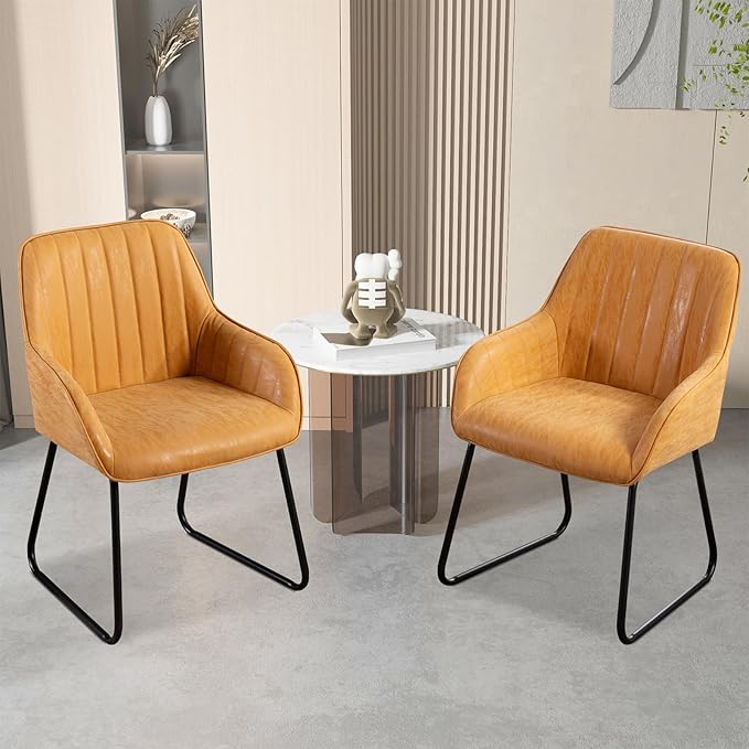 Vanity Art Mid Century Modern Accent Chair with Arms Upholstered Synthetic Faux Leather Chair for Living Room Bedroom Reading Area Comfy Dining Chairs Set of 2 (Yellow Tan) UC-15T