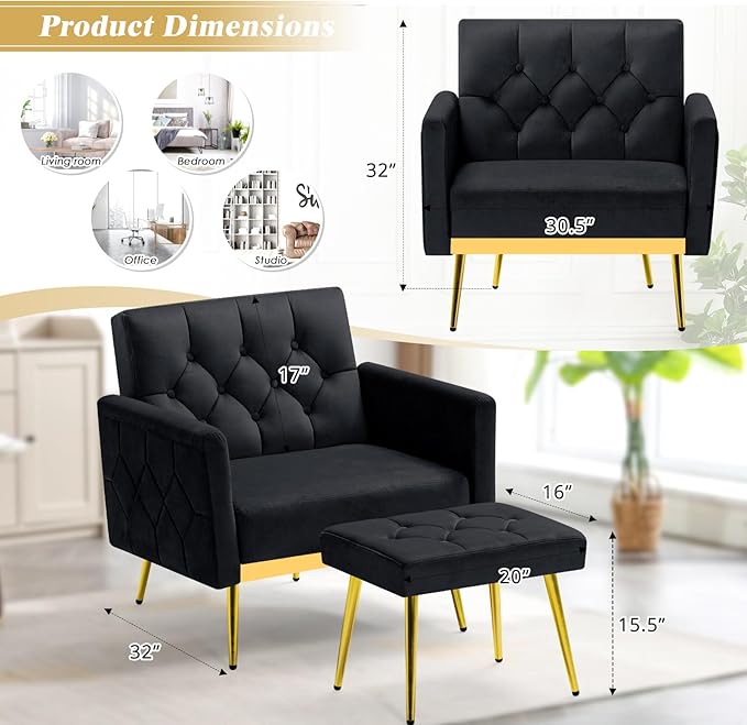 Velvet Accent Chair w/Adjustable Armrests and Backrests Tufted Single Sofa with Ottoman Upholstered Reading Chiar for Living Room Apartment Bedroom Black