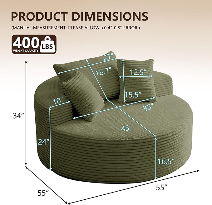 55'' Oversized Round Chair Lounge Chaise Indoor Cloud Boneless Large Circle Chair with Plush Corduroy No Assembly Required Fluffy Modern Sleeper Sofa Bed for Reading Living Room Bedroom(Green)