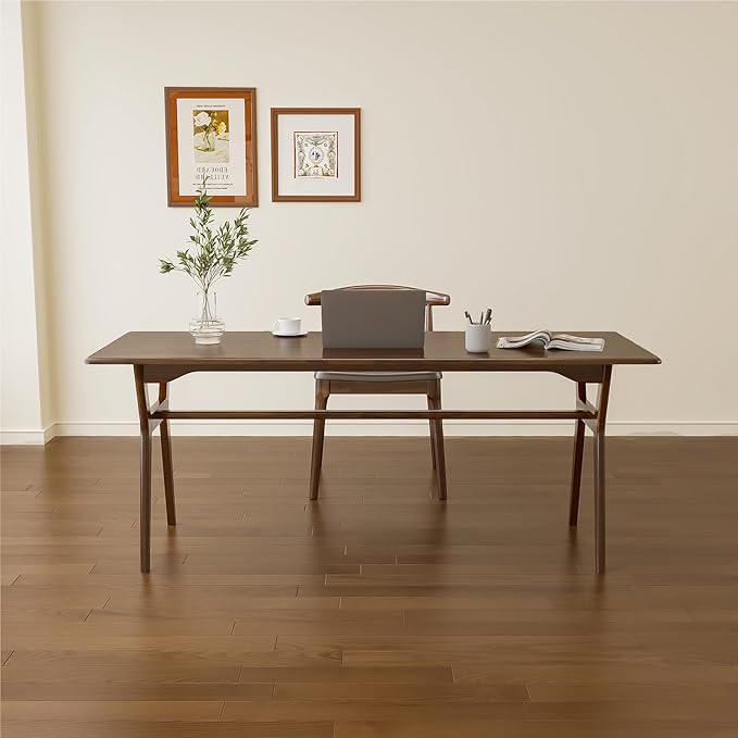 Solid Wood Study Desk - 63 Double Long Computer Table for Home Office 2-Person PC Workstation Walnut