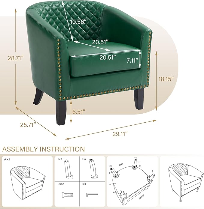 Pia Ricco Faux Leather Barrel Chairs Set of 2 Modern Comfy Accent Chairs Upholstered Armchair Club Chairs with Nailhead Trim Single Sofa Barrel Chair for Living Room Reading Room Green