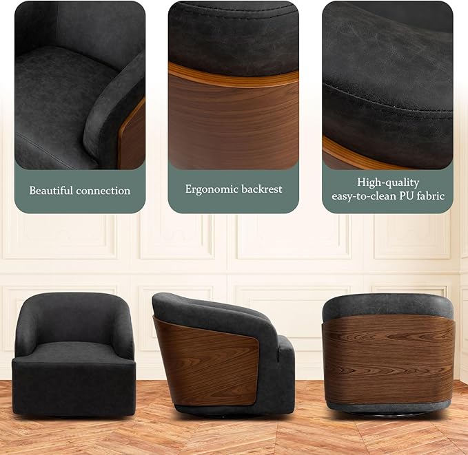 Swivel Accent Chair Faux Leather Swivel Barrel Chair Comfortable Mid Century Modern Chair Upholstered Metal Base Armchair for Living Room Bedroom Office Large Vintage Black