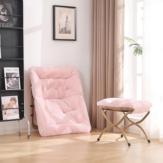 Comfy Saucer Chair with Ottoman Oversized Folding Faux Fur Chair Soft Furry Lounge Lazy Chair with Metal Frame Moon Chair Accent Chair for Bedroom Living Room Dorm Rooms