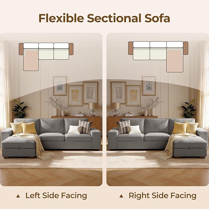 99 Sectional Sleeper Sofa Couch Chenille Convertible Chaise 3 Seats L-Shaped Sofa with 110L Storage Deep SeatWide ArmrestUSB Type-C ChargingRemovable Covers for Living Room Light Grey
