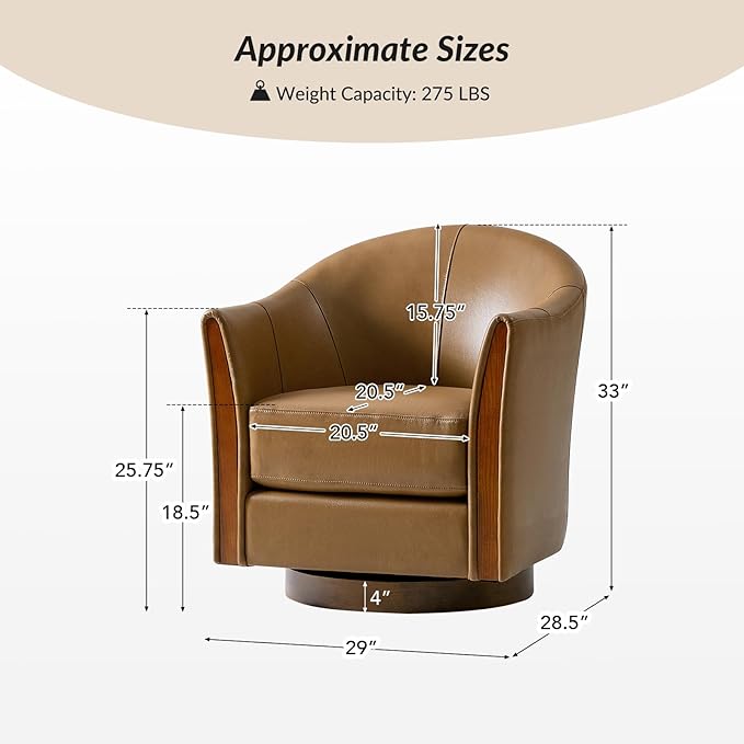 HULALA HOME Genuine Leather Swivel Accent Chair with Solid Wood Base Round Swivel Barrel Chair for Living Room and Bedroom Camel