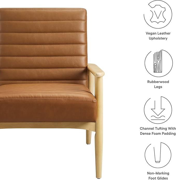 Modway Jensen Vegan Leather Accent Chair in Natural Tan - Mid-Century Modern Armchair with Solid Wood Legs &amp Armrest - Upholstered Faux Leather Single Side Chair - Reading Chair for Living Room