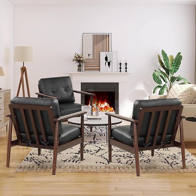 STHOUYN Mid Century Modern Chair PU Leather Accent Chair with Wood Arms Living Room Chairs Reading Armchair for Bedroom Waiting Room Office
