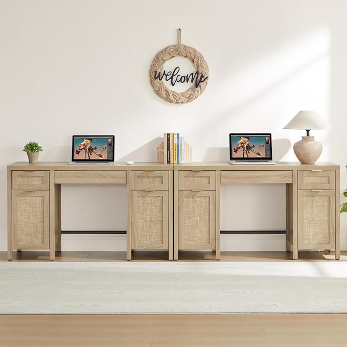 SICOTAS Rattan Executive Desk with Storage - Larger Home Office Desk with Drawers and Cabinets Farmhouse Boho Computer Table Vanity Desk for Study Office Living Room Light Oak (2 Pieces)