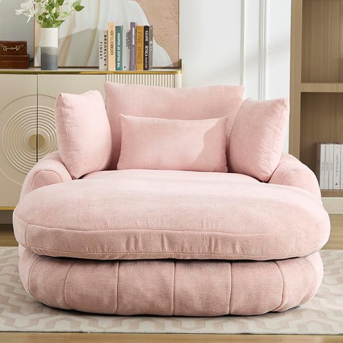 Oversized Chaise Lounge Indoor Deep Seat Boneless Sofa Bed with Throw Pillows Plush Chenille Fabric No Assembly Required Comfy Sleeper Sofa for Living Room Bedroom (PINK Without pocket)