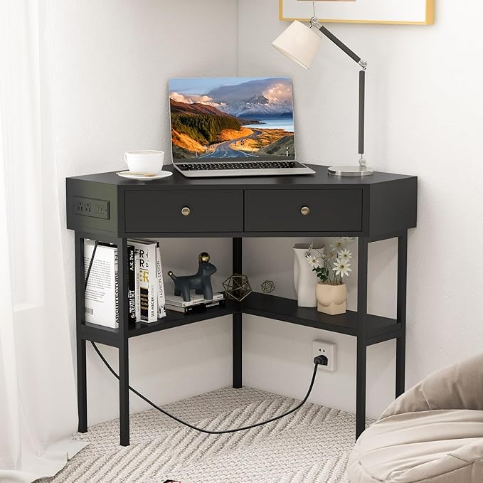 Giantex Corner Desk with Charging Station 90 Degree Triangle Computer Desk with 2 Drawers &amp Storage Shelf L-Shaped Writing Desk Makeup Vanity Table Compact Corner Desk for Small Spaces (Black)