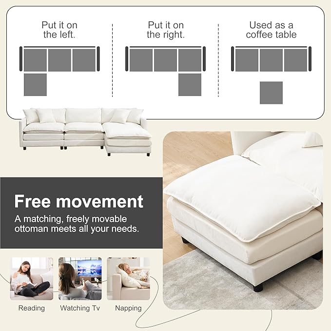 Modular Sectional Sofa108.27'' Modern Corduroy Sofa Set for Living Room with 3 Seat &amp 1 Ottoman &amp 3 Pillows Comfy Cloud Couches with Movable Ottoman DIY Combination Chenille (Beige L Shap