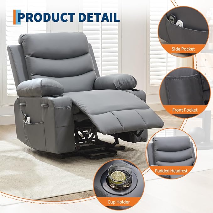 GarveeHome Power Lift Recliner Chair for Elderly Oversized Electric Lift Chair with Heat and Massage PU Leather Adjustable Recliner with Cup Holders &amp Side Pocket for Living Room Gray