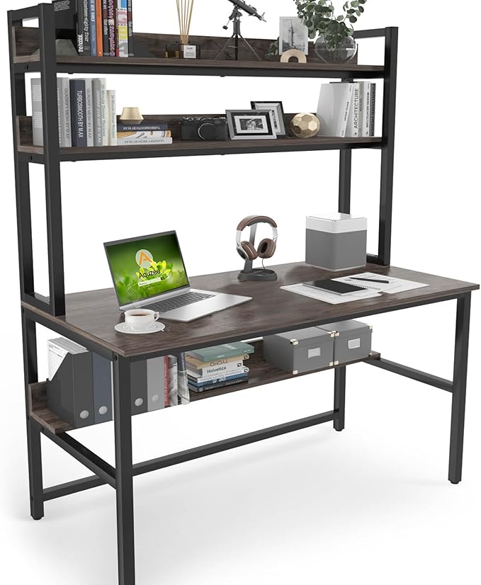 Aquzee Desk with Hutch Bookshelves Computer Desk with 3 Tiers Storage Shelves Space Saving Design Black Metal Legs Desk with Grey Board Easy Assemble