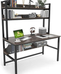 Aquzee Desk with Hutch Bookshelves Computer Desk with 3 Tiers Storage Shelves Space Saving Design Black Metal Legs Desk with Grey Board Easy Assemble