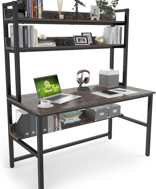 Aquzee Desk with Hutch Bookshelves Computer Desk with 3 Tiers Storage Shelves Space Saving Design Black Metal Legs Desk with Grey Board Easy Assemble