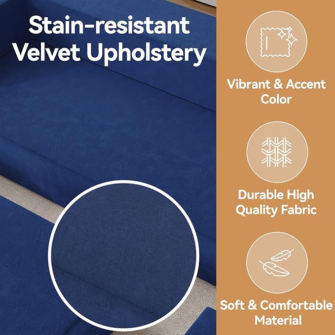 80'' Folding Sofa Bed Velvet Floor Couch Bed with 3Ottomans&amp Washable Cover Memory Foam Couch Fold Out Futon Sleeper for Guest/Living Room/Playroom Queen Blue