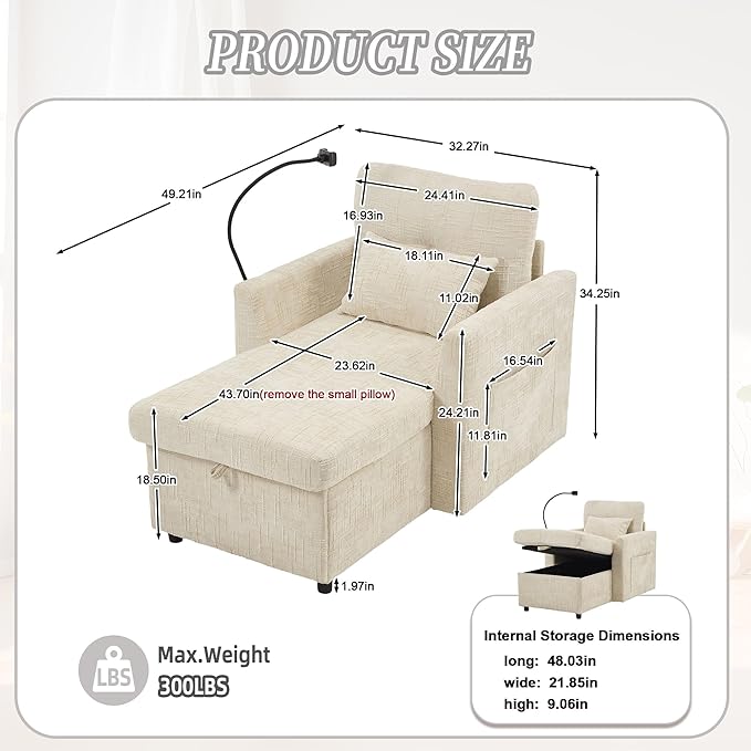 Multifunctional Recliner Sofa Chair with Storage Phone Holder &amp Adjustable Backrest Chenille Fabric Single Leisure Chair for Living Room Bedroom Small Spaces (Beige)