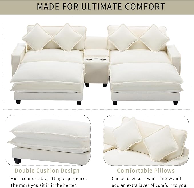 Sectional Sofa Chenille Upholstered with 2 Removable Ottoman 2 USB Ports 2 Cup Holders Large Storage Box for Living Room