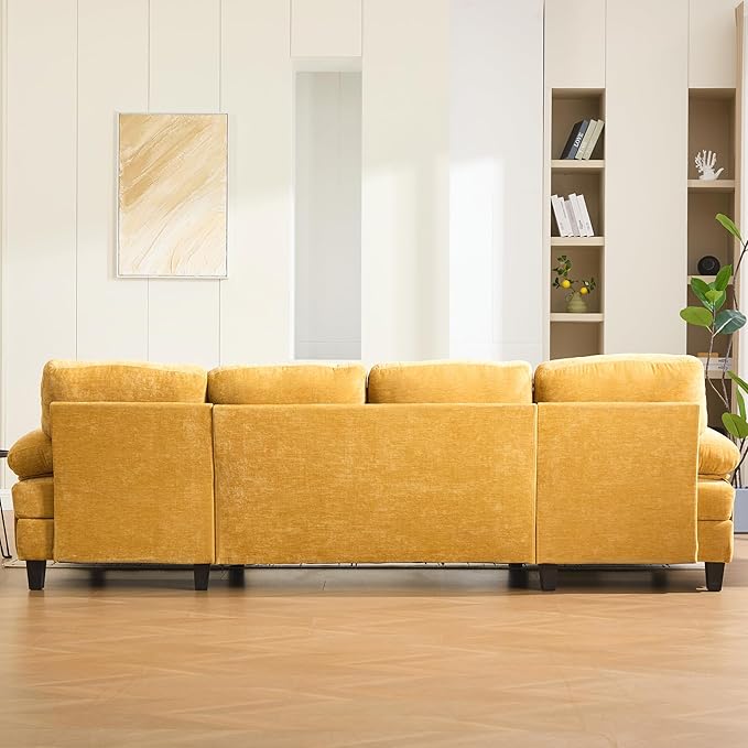 P PURLOVE Chenille Modern Large Sectional Sofa U-Shaped Sectional Sofa Couch with Dual Chaise Lounges Storage Pockets and Armrest Pillows for Living Room (Yellow)