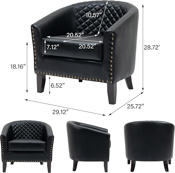 Accent Barrel Chair Upholstered Faux Leather Club Chair with Nailed Trim Comfy Reading Armchair for Living Room Bedroom Reception Room Office (Black Set of 1)