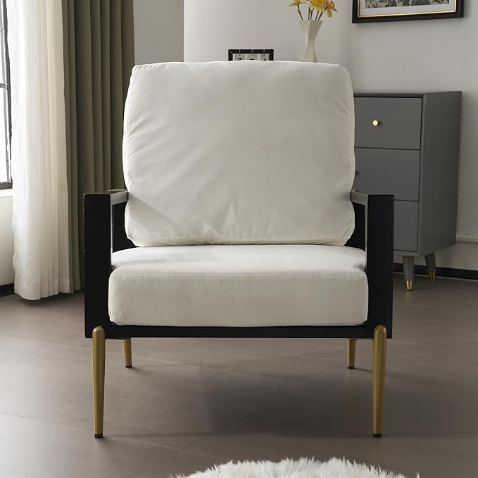 Modern Low Back Upholstered Accent Armchair with Gold Metal Legs &amp Rubberwood Frame Chic Wide Armrest Minimalist Lounge Chair with Pillow Back Single Sofa Chair for Living Room&ampBalcony Whit