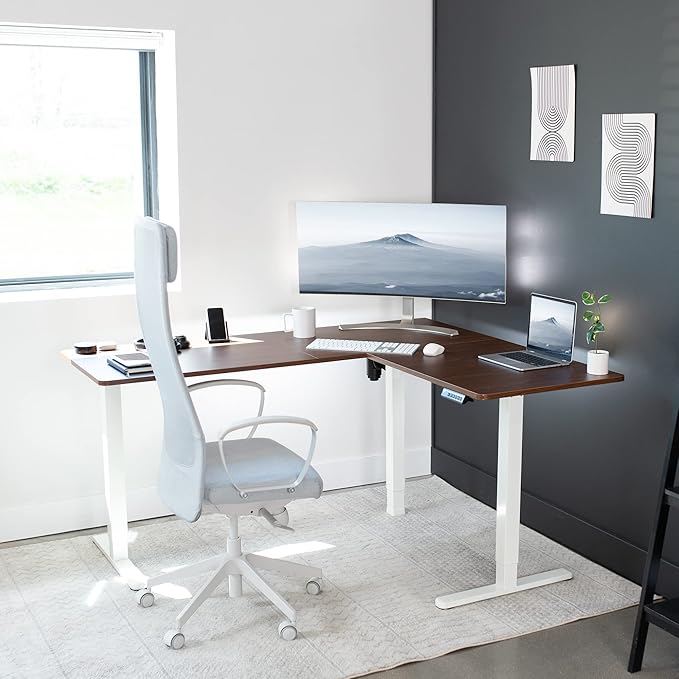 VIVO Corner Standing Desk 63 x 55 inch Reversible L-Shaped Workstation Electric Height Adjustment Home Office and Reception Rooms Dark Walnut Table Top White Frame DESK-E3CTWD