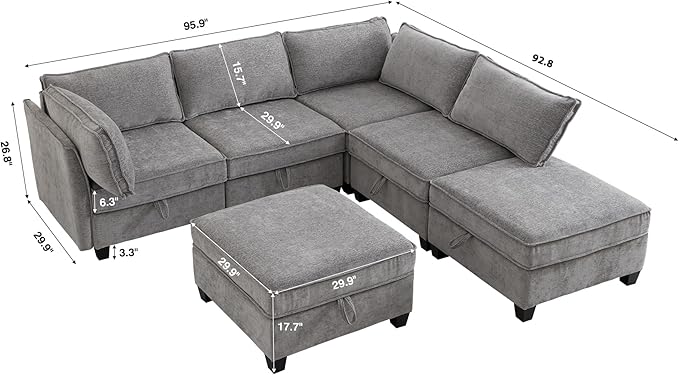 ORRD Corner Modular Sectional Sofa Set Convertible L Shaped Couch with Storage 6 Seater Sofa Modular with Ottomans and Reversible Chaise for Living Room Office (Grey)