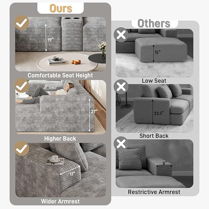 143 Oversized U Shaped Cloud Sectional Couches for Living Room Comfy Fluffy Corduroy Grey Boneless Couch Large Modular Sectional Sofa Set with Chaise Cup Holder USB Port Storage Console