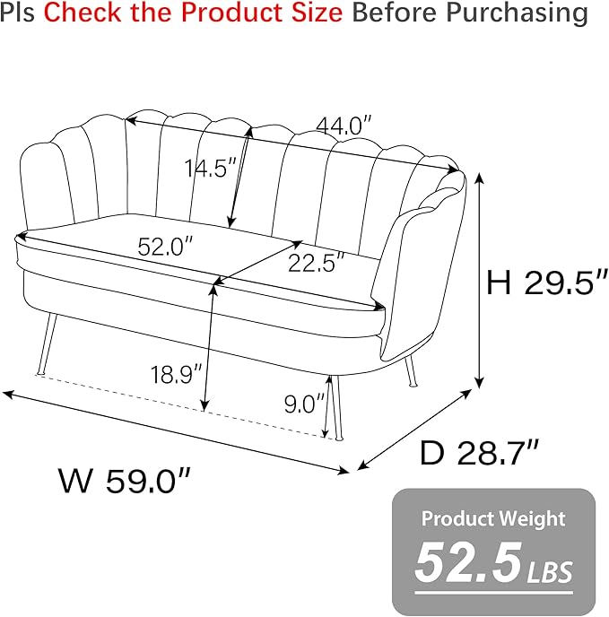 Aoiy &amp Wifon 59 W Comfy Small Loveseat for Small Spaces Upholstered 2-Seat Settee Loveseat with Metal Legs Chenille Gray