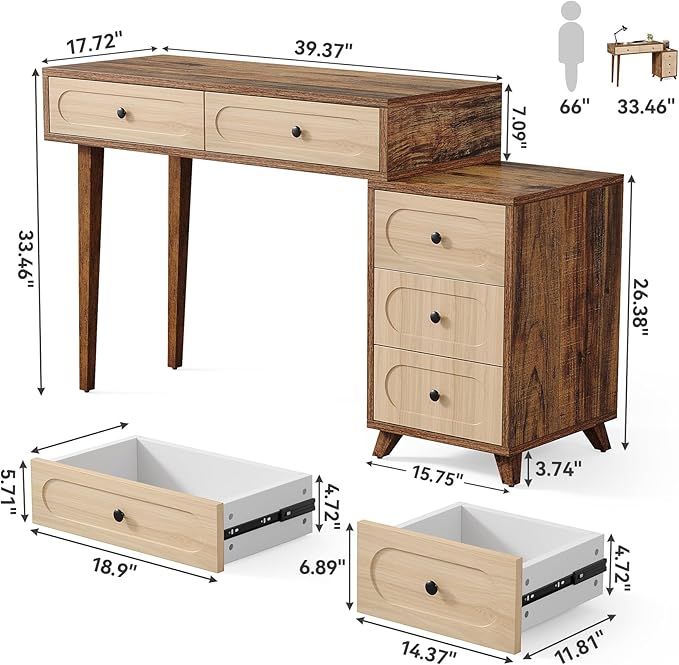 LITTLE TREE 39-Inch Computer Desk with 5 Drawers Extendable Table with Storage for Small Space Home Office Reversible Design (Rustic Brown)