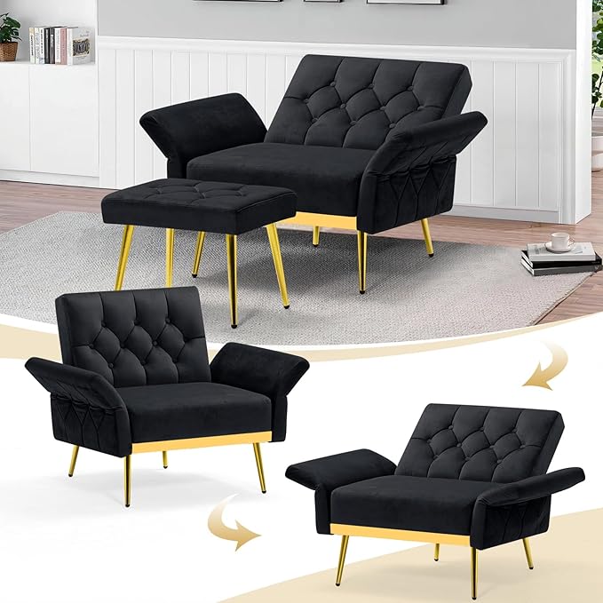 Velvet Accent Chair w/Adjustable Armrests and Backrests Tufted Single Sofa with Ottoman Upholstered Reading Chiar for Living Room Apartment Bedroom Black