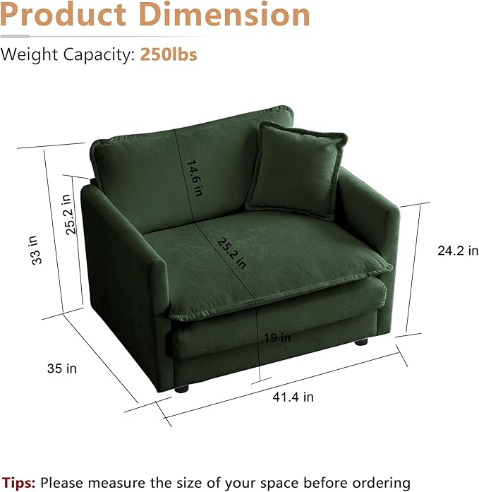 mikibama 41.4 W Single Seat Sofa Chenille Comfy Deep Upholstered Couch Armchair with Toss Pillow for Living Room Bedroom Office Apartment Evergreen