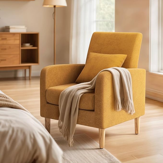 MoNiBloom Accent Chair with Back Pillow Upholstered Club Arm Chair Modern Living Room Chair with Wooden Legs for Bedroom Corner Living Room Reading Nook Yellow