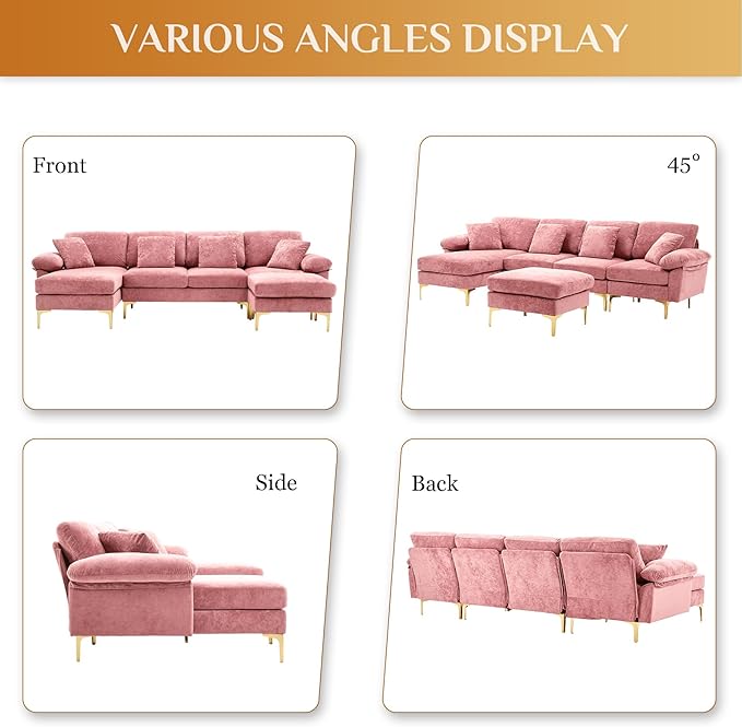 U Shaped Sectional Couch Sofa 114 Convertible L Shaped Sofa with Ottoman &amp Chaise Lounge Modern Oversized Modular 4 Seat Sleeper Sofa Set for Living Room Office Pink Velvet