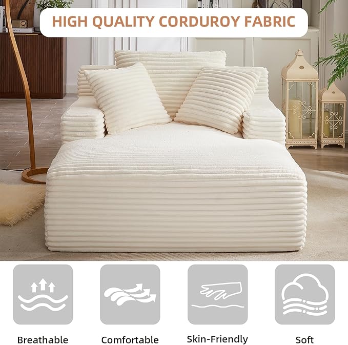 Oversized Chaise Lounge Chair Indoor Corduroy Sofa Bed with Throw Pillows Recliner Chair Comfy Large Deep Seat Sofa Couch for Living Room Bedroom Apartment (White)