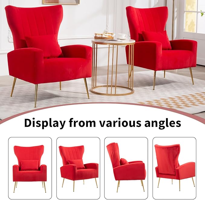 X-VOLSPORT Velvet Accent Chair Mid Century Modern Wing Back Living Room Chair with Waist Pillow Upholstered Arm Chair with Metal Gold Legs for Bedroom Club Rose Red