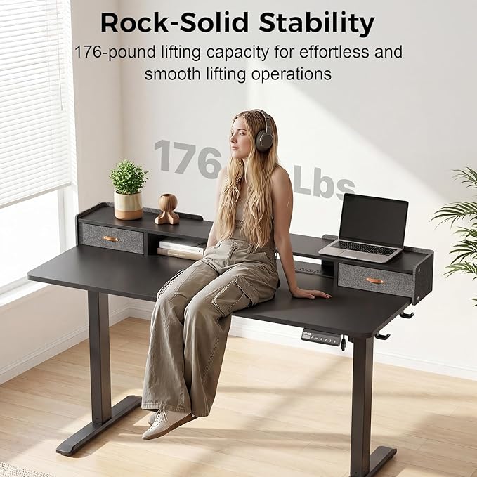 Electric Standing Desk with Drawers 55 Inch Height Adjustable Desk with Power Outlets &amp LED Lights Sit Stand Table with Monitor Stand for Home Office Black