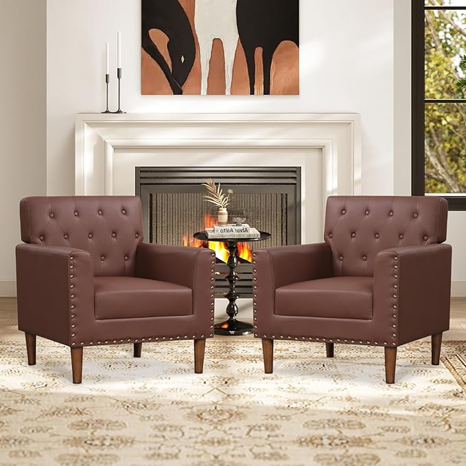 KOMFOTT Mid Century Modern Accent Chair Faux Leather Upholstered Armchair with Button Tufted Decoration &amp Rivets Rubber Wood Legs Soft Padded Seat Cushion Single Sofa for Living Room Home