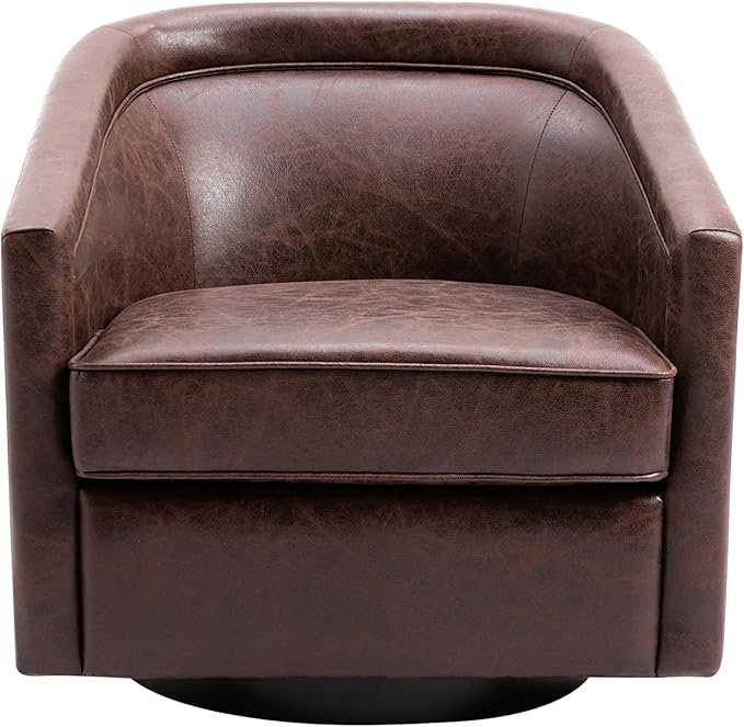 Wovenbyrd Classic Mid-Century Modern 360° Swivel Accent Chair Faux Leather Barrel Chair Dark Brown