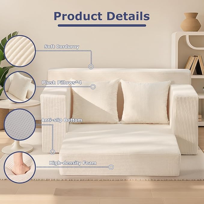 Convertible Sofa Bed Boneless Couch Loveseat Sleeper 2 in 1 Folding Couch Bed Fold Out Comfy Floor Futon Sofa with Pillows for Living Room Bedroom Beige