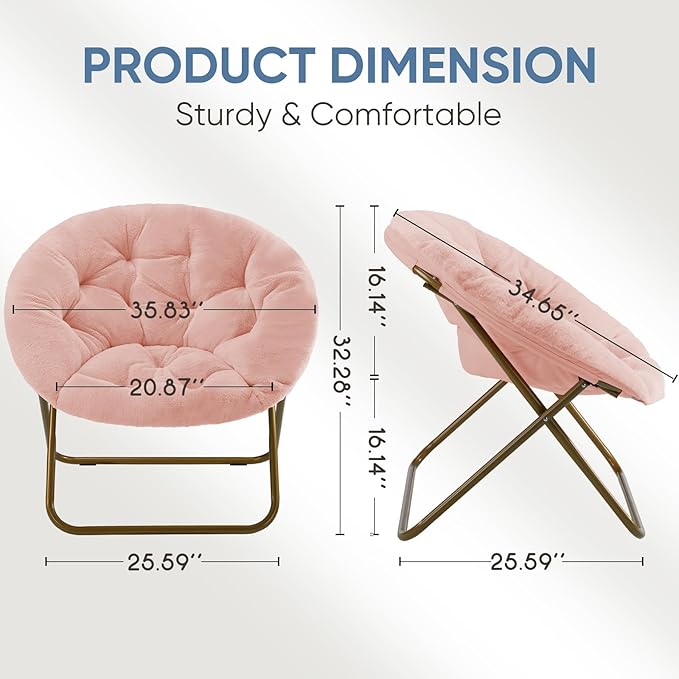 DUMOS Comfy Saucer Chair Faux Fur Lounge Seasting XL Circle Chair for Bedroom Dorm &amp Gaming Foldable Fashion Accent Seat for Small Spaces Folding Moon/Mushroom/Round Oversized Style