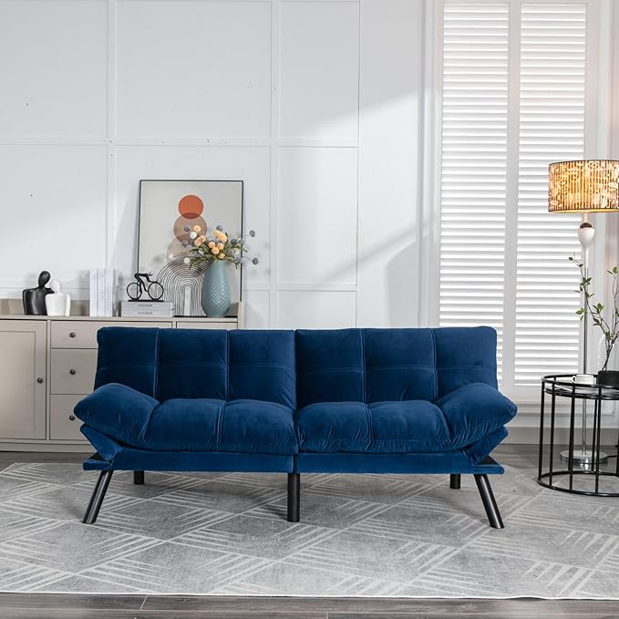 LLS 70.87 Velvet Futon Sofa Bed Modern Convertible Sleeper Sofa Couch with Adjustable Backrest and Armrests Tufted Loveseat Sofa with Metal Legs for Living Room Bedroom Apartment Navy Blue
