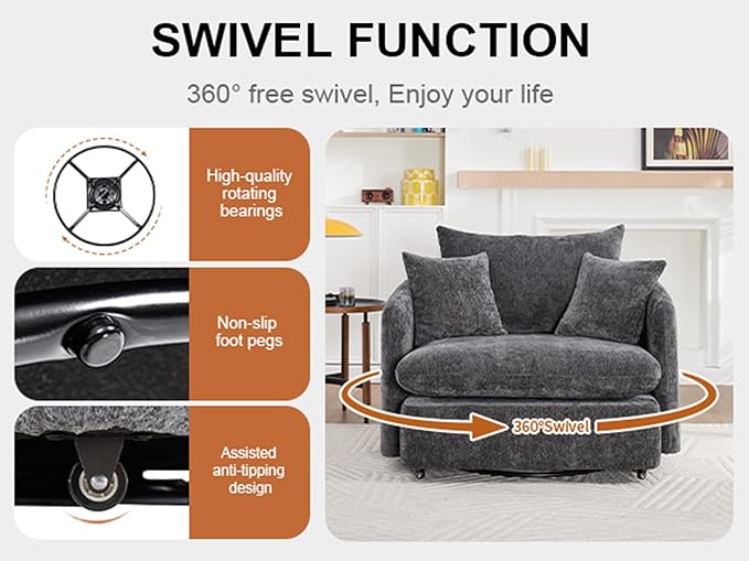 46 Oversized Swivel Accent Chair with Ottoman Set Upholstered 360° Swivel Barrel Chair and A Half with Ottoman Extra Wide Seat Lounge for Living Room Reading Bedrooms