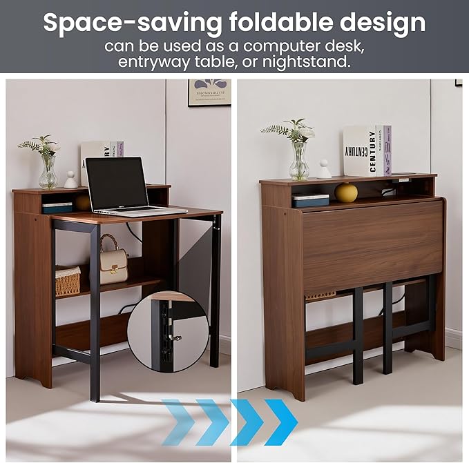 Folding Desk with Charging StationFold Out Desk with Monitor StandStorage ShelfSmall Foldable Computer Desk for Compact Home Office Spaces (Walnut)