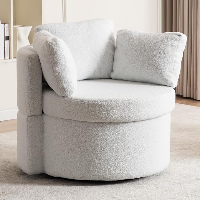 FOXHUNTER Swivel Barrel Chair 360 Degree Swivel Round Storage Chair with 3 Pillows Oversize Teddy Swivel Accent Chair Comfy Single Sofa Chair for Nursery Living Room Bedroom (Ivory)