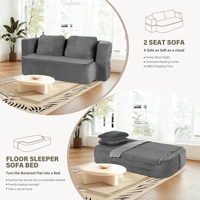 78 Convertible Sofa Bed with Blanket Boneless Cloud Couch Queen Scott Fabric for Living Room Bedroom Modular Loveseat with High-Density Solid Sponge No Assembly Grey