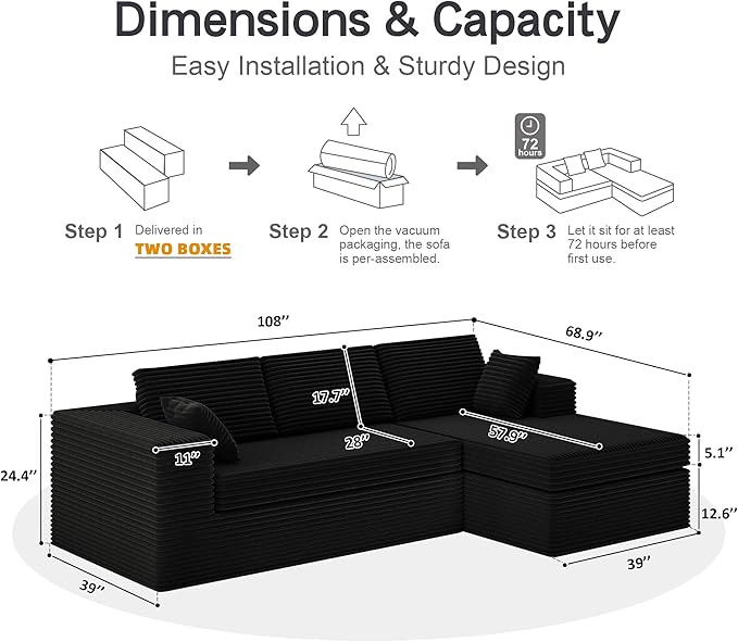108-inch Boneless Couch for Living RoomComfy Boneless Sofa with Deep Seats &amp Chaise Lounge 3-Seat Modular Sofa Memory Foam Sectional Couches - No Assembly Required(Dark Black)