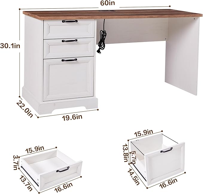 60 Farmhouse Executive Desk with Charging StationHome Office Desk with 2 Drawers &amp1 File CabinetWood Work Desk for Office and Home